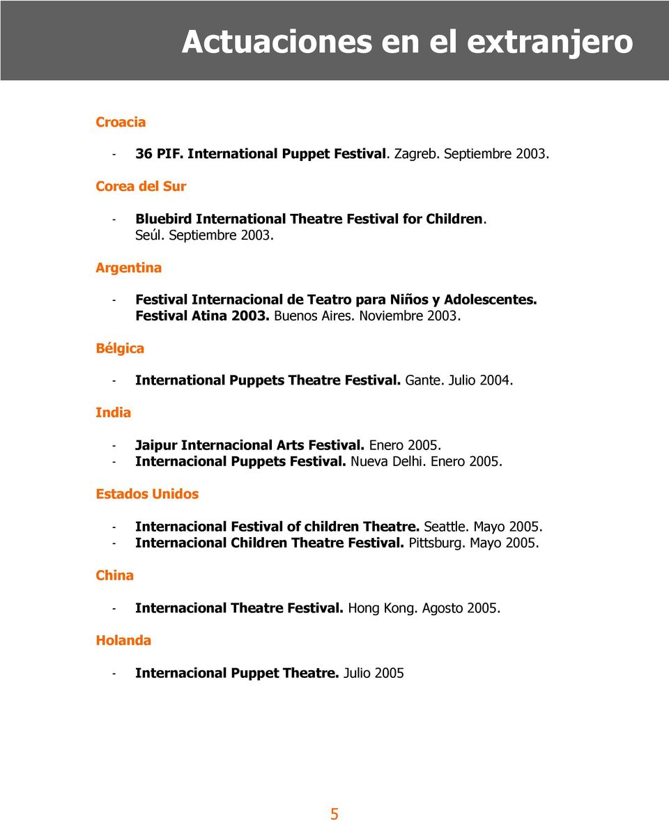Gante. Julio 2004. India - Jaipur Internacional Arts Festival. Enero 2005. - Internacional Puppets Festival. Nueva Delhi. Enero 2005. Estados Unidos - Internacional Festival of children Theatre.