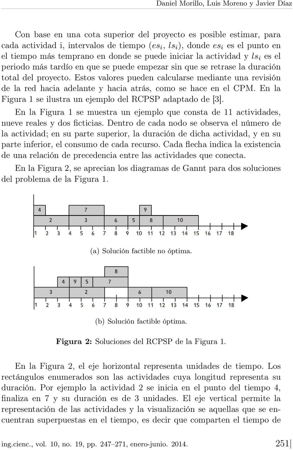 Estos valores pueden calcularse mediante una revisión de la red hacia adelante y hacia atrás, como se hace en el CPM. En la Figura 1 se ilustra un ejemplo del RCPSP adaptado de [3].