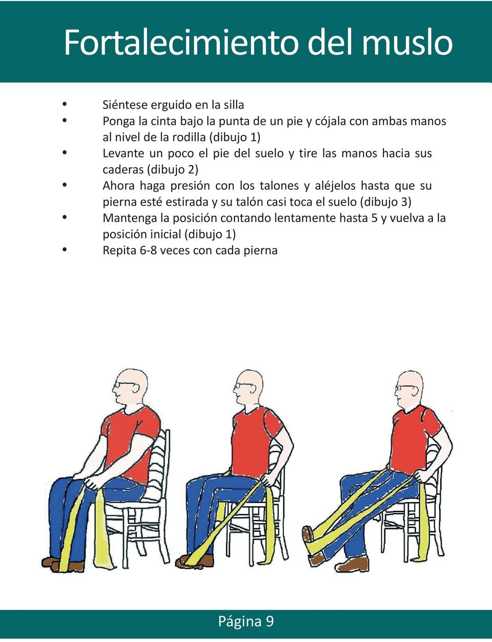 presión con los talones y aléjelos hasta que su pierna esté estirada y su talón casi toca el suelo (dibujo 3) Mantenga la