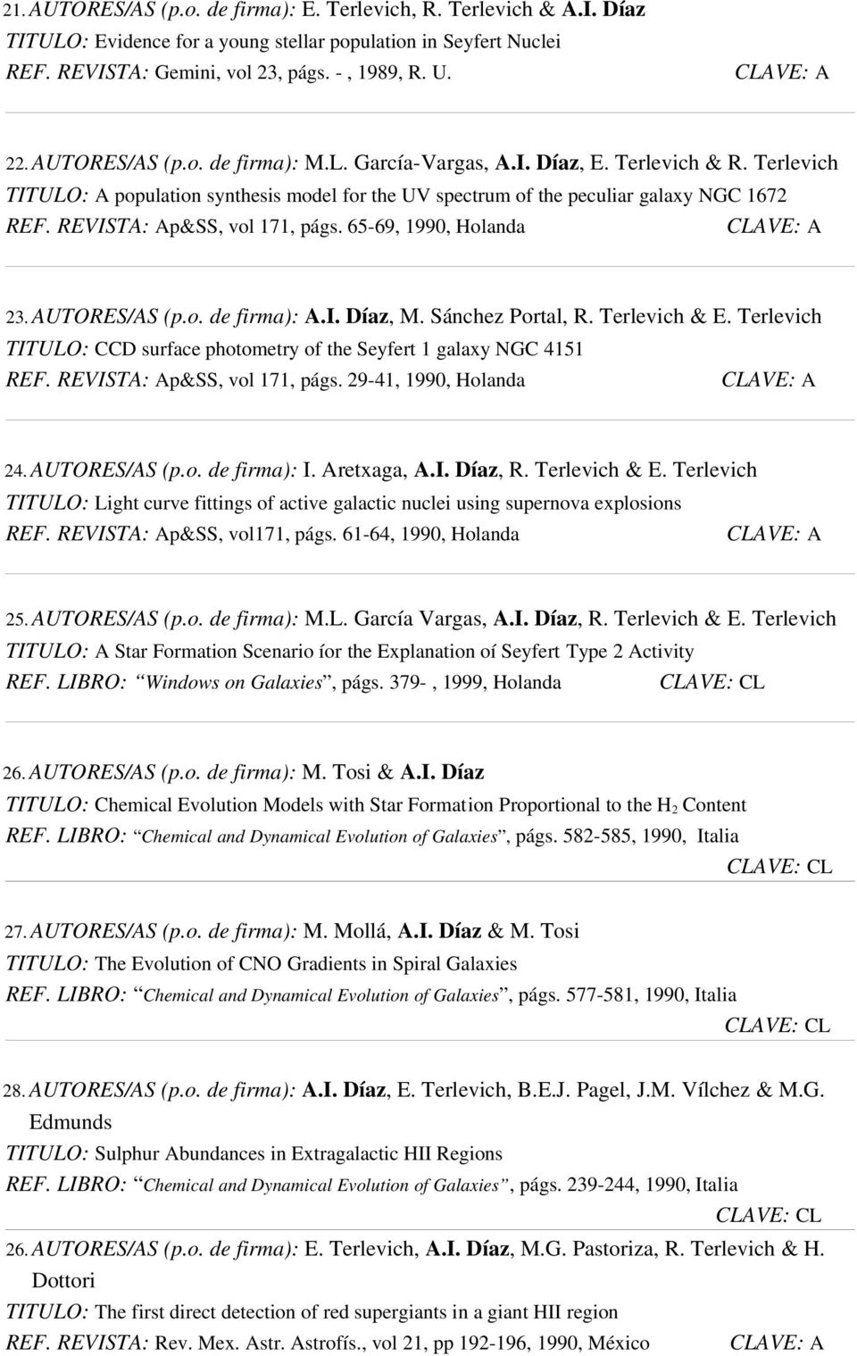 REVISTA: Ap&SS, vol 171, págs. 65 69, 1990, Holanda 23. AUTORES/AS (p.o. de firma): A.I. Díaz, M. Sánchez Portal, R. Terlevich & E.