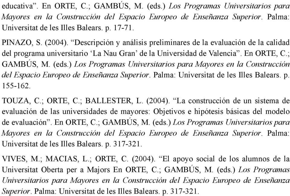 ) Los Programas Universitarios para Mayores en la Construcción del Espacio Europeo de Enseñanza Superior. Palma: Universitat de les Illes Balears. p. 155-162. TOUZA, C.; ORTE, C.; BALLESTER, L.