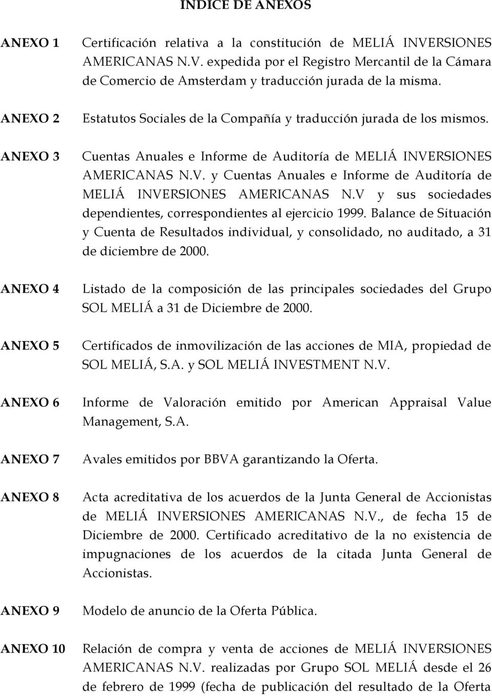 RSIONES AMERICANAS N.V. y Cuentas Anuales e Informe de Auditoría de MELIÁ INVERSIONES AMERICANAS N.V y sus sociedades dependientes, correspondientes al ejercicio 1999.