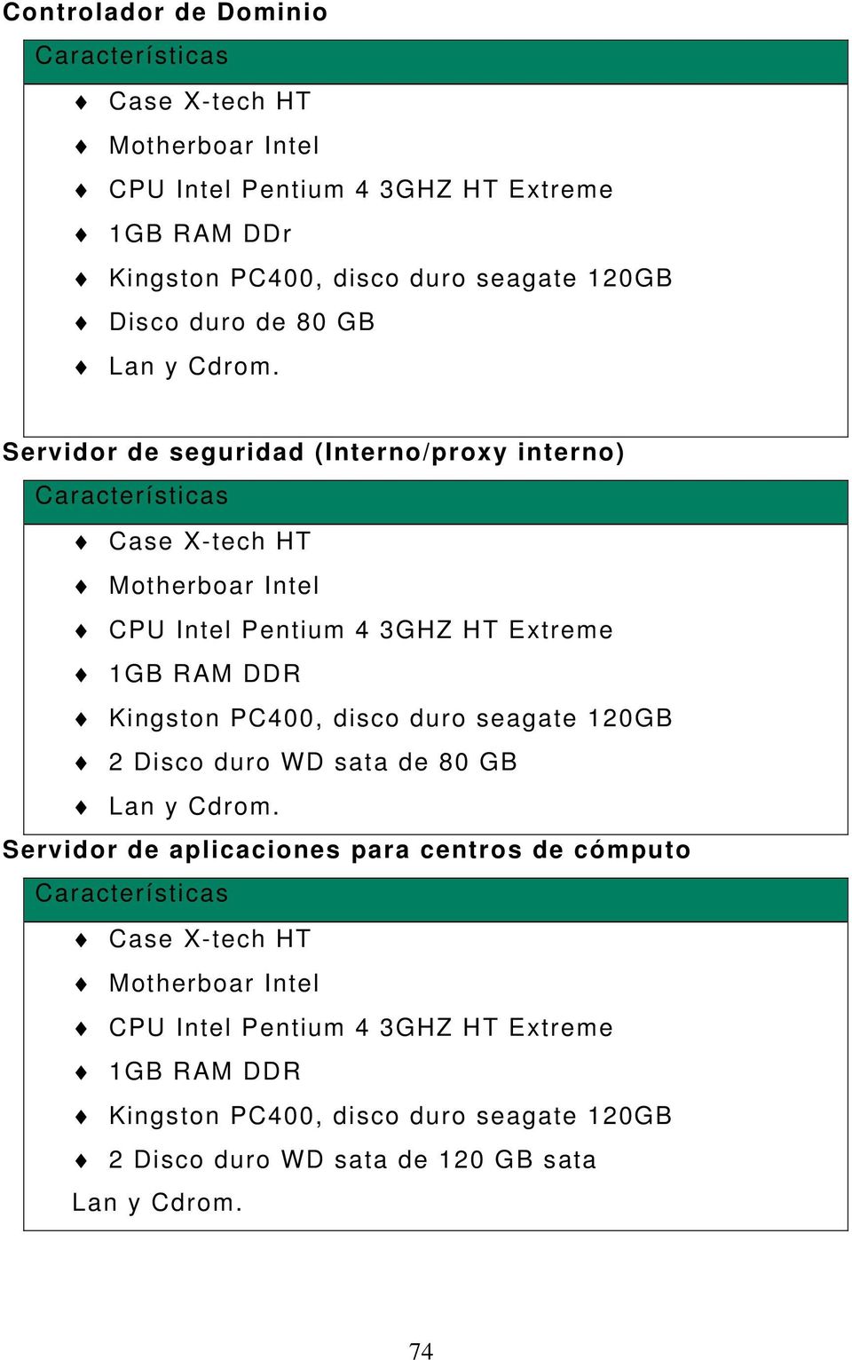 Servidor de seguridad (Interno/proxy interno) Características Case X-tech HT Motherboar Intel CPU Intel Pentium 4 3GHZ HT Extreme 1GB RAM DDR Kingston PC400, disco
