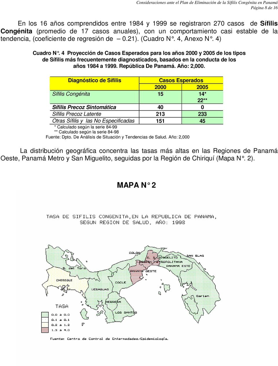 4 Proyección de Casos Esperados para los años 2000 y 2005 de los tipos de Sífilis más frecuentemente diagnosticados, basados en la conducta de los años 1984 a 1999. República De Panamá. Año: 2,000.