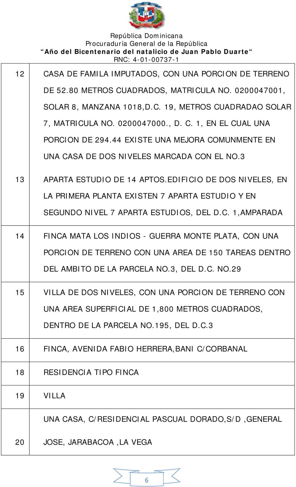EDIFICIO DE DOS NIVELES, EN LA PRIMERA PLANTA EXISTEN 7 APARTA ESTUDIO Y EN SEGUNDO NIVEL 7 APARTA ESTUDIOS, DEL D.C. 1,AMPARADA 14 FINCA MATA LOS INDIOS - GUERRA MONTE PLATA, CON UNA PORCION DE TERRENO CON UNA AREA DE 150 TAREAS DENTRO DEL AMBITO DE LA PARCELA NO.