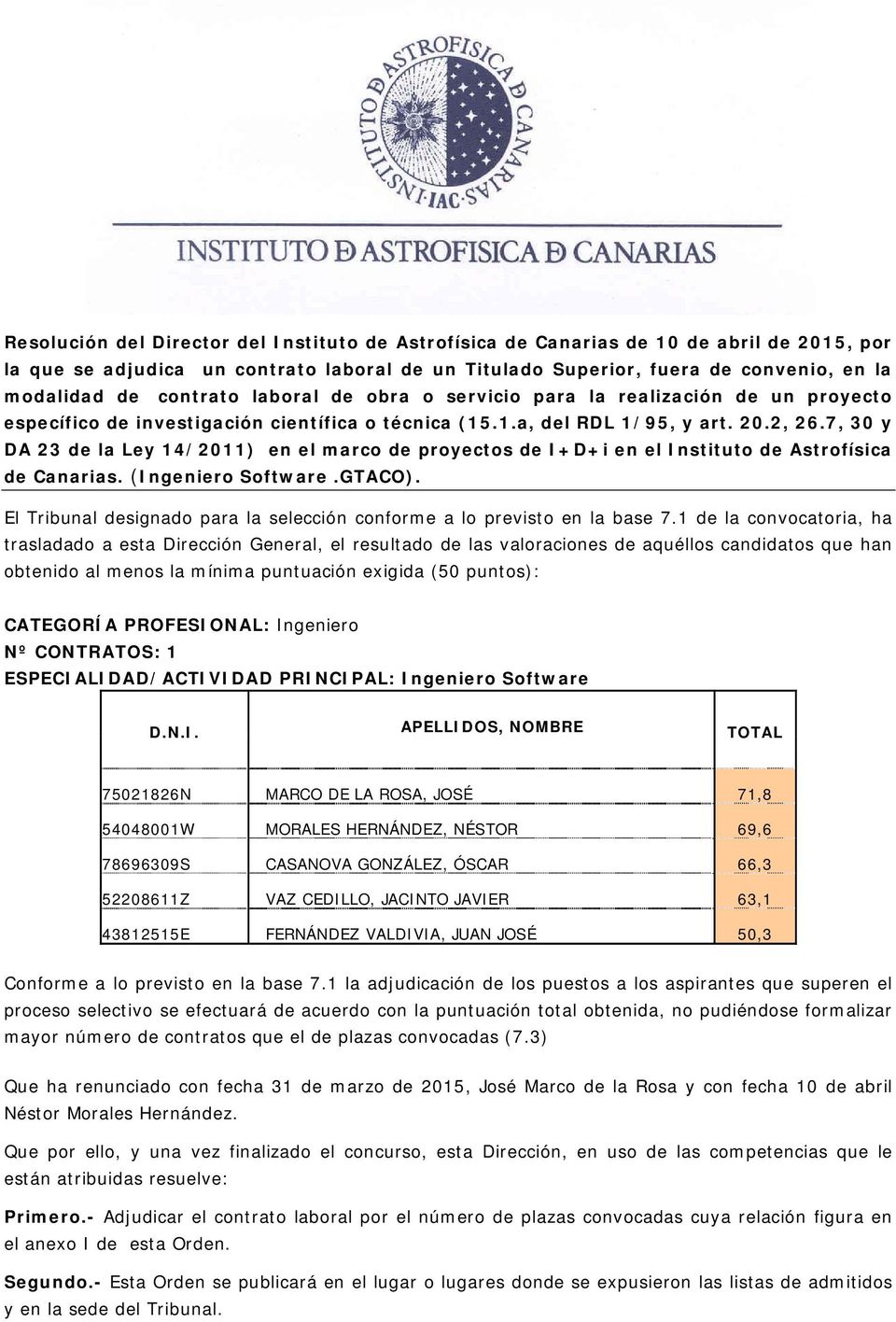 7, 30 y DA 23 de la Ley 14/2011) en el marco de proyectos de I+D+i en el Instituto de Astrofísica de Canarias. (Ingeniero Software.GTACO).