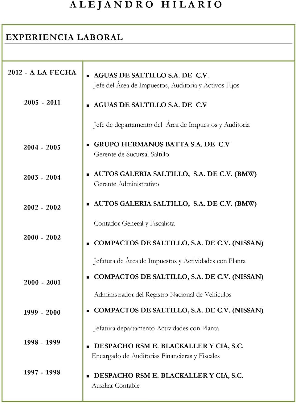 A. DE C.V. (BMW) Contador General y Fiscalista 2000-2002 COMPACTOS DE SALTILLO, S.A. DE C.V. (NISSAN) Jefatura de Área de Impuestos y Actividades con Planta 2000-2001 1999-2000 COMPACTOS DE SALTILLO, S.