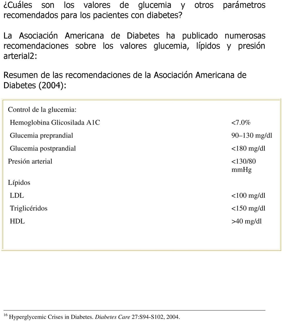 recomendaciones de la Asociación Americana de Diabetes (2004): Control de la glucemia: Hemoglobina Glicosilada A1C <7.