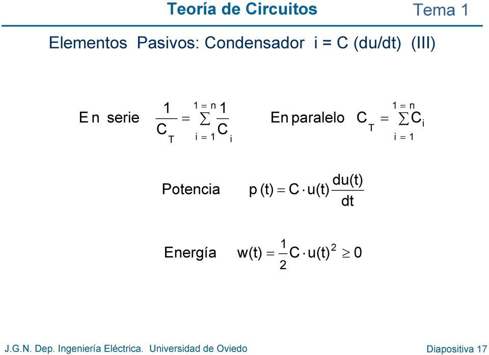C i = i Potencia p (t) = C u(t) du(t) dt Energía w(t) = C u(t) 0