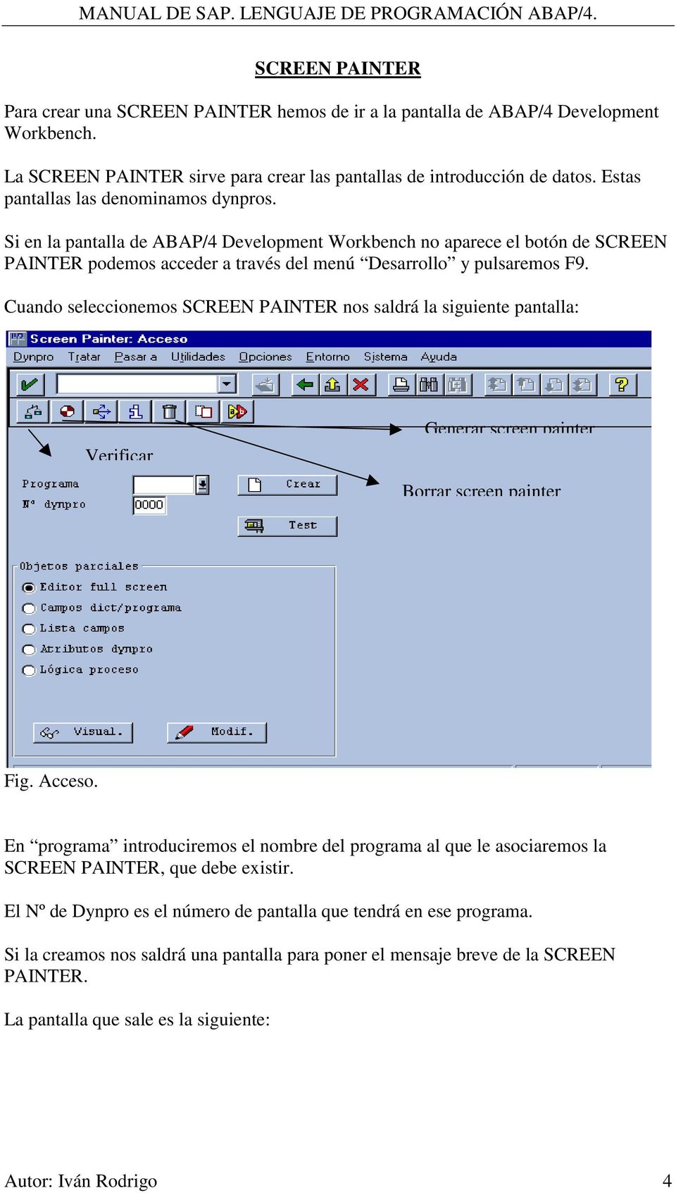 Cuando seleccionemos SCREEN PAINTER nos saldrá la siguiente pantalla: Verificar Generar screen painter Borrar screen painter Fig. Acceso.