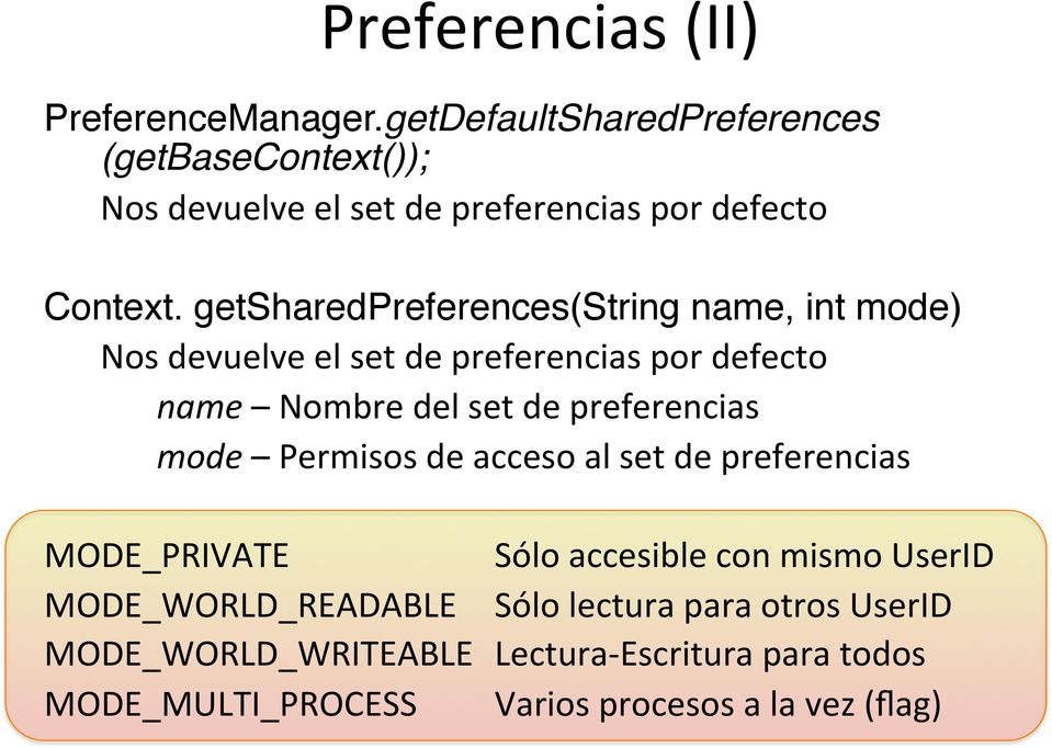 getsharedpreferences(string name, int mode)" "Nos devuelve el set de preferencias por defecto" name Nombre del set de