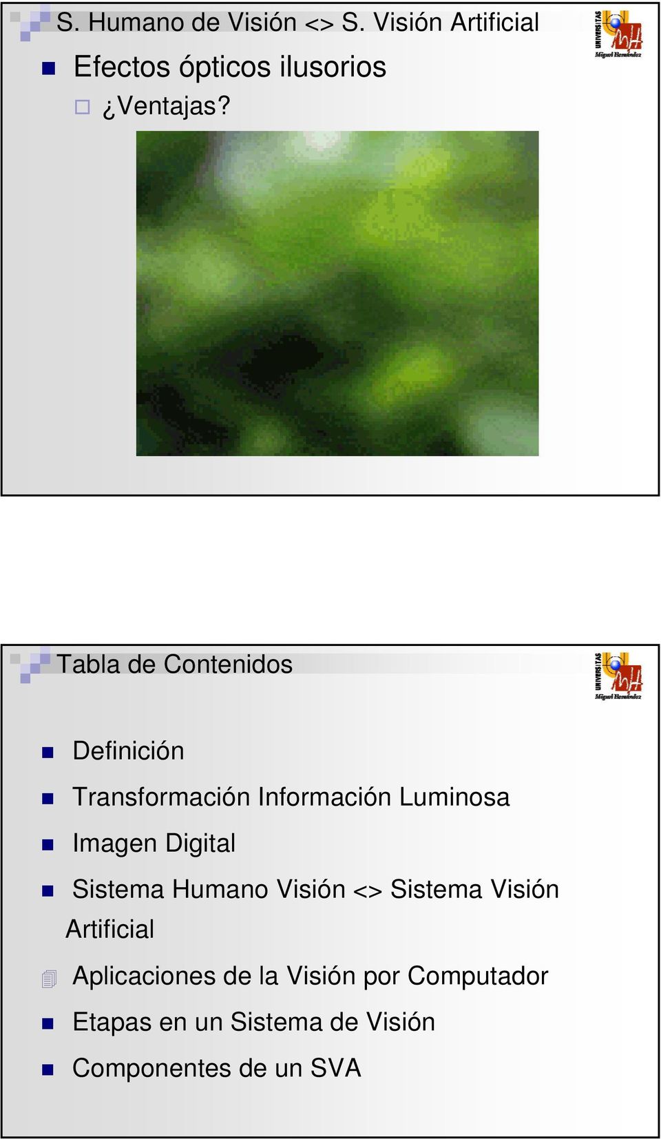 Tabla de Contenidos Definición Transformación Información Luminosa Imagen