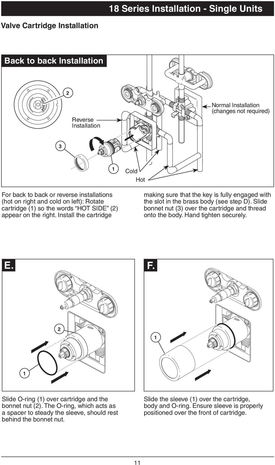 Install the cartridge Cold Hot making sure that the key is fully engaged with the slot in the brass body (see step D). Slide bonnet nut () over the cartridge and thread onto the body.