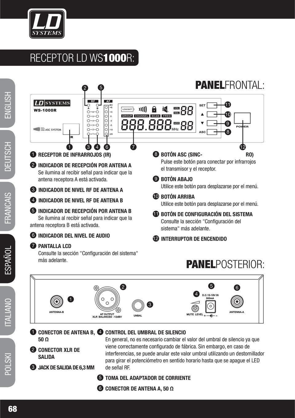 6 INDICADOR DEL NIVEL DE AUDIO 7 PANTALLA LCD Consulte la sección "Configuración del sistema" más adelante.