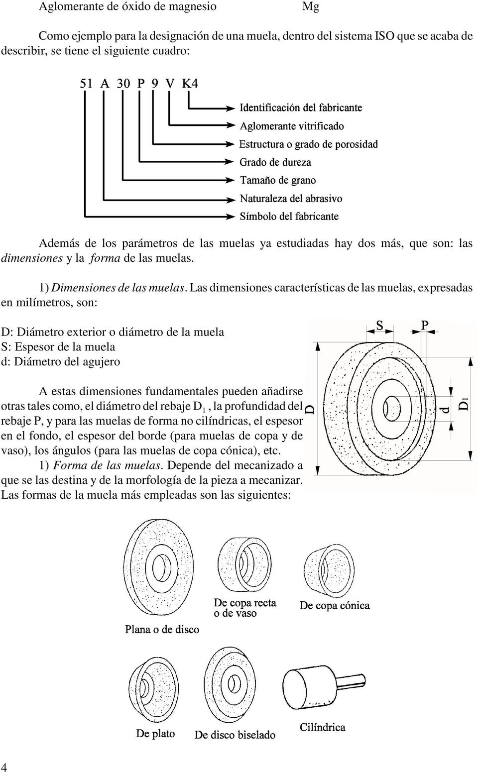 Las dimensiones características de las muelas, expresadas en milímetros, son: D: Diámetro exterior o diámetro de la muela S: Espesor de la muela d: Diámetro del agujero A estas dimensiones