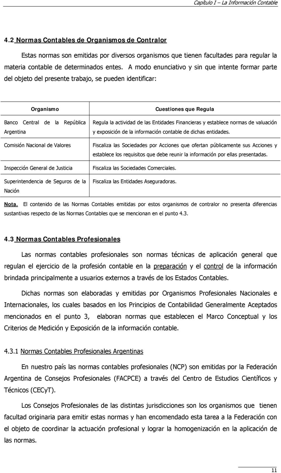 A modo enunciativo y sin que intente formar parte del objeto del presente trabajo, se pueden identificar: Organismo Banco Central de la República Argentina Comisión Nacional de Valores Inspección