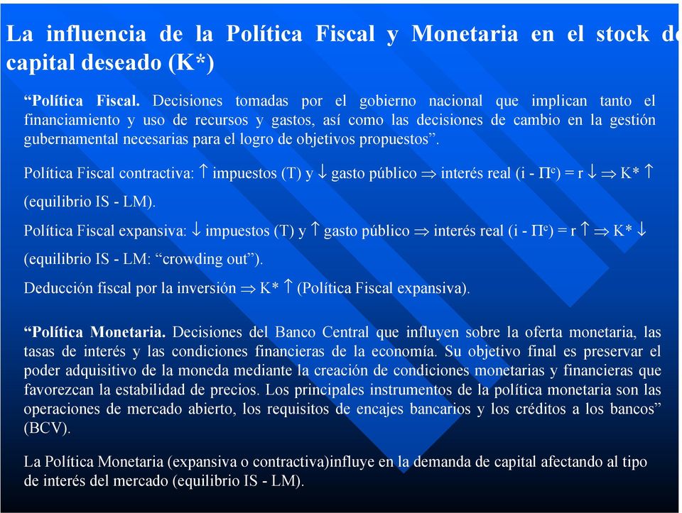 objetivos propuestos. Política Fiscal contractiva: impuestos (T) y gasto público interés real (i - Π e ) = r K* (equilibrio IS - LM).
