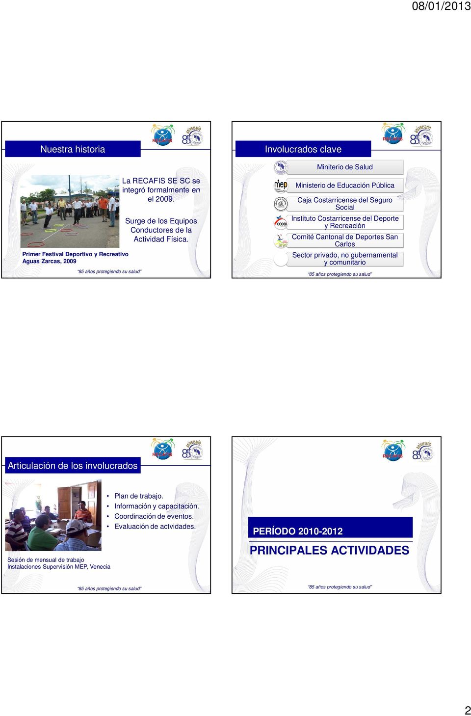 Involucrados clave Miniterio de Salud Ministerio de Educación Pública Caja Costarricense del Seguro Social Instituto Costarricense del Deporte y Recreación Comité
