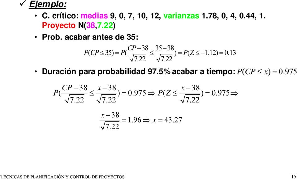 22 Duración para probabilidad 97.5% acabar a tiempo: PCP ( x) = 0.975 CP 38 x 38 x 38 P( ) = 0.