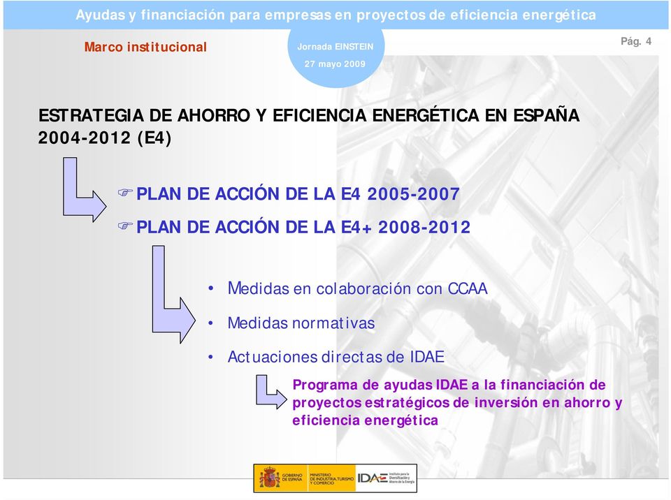 LA E4 2005-2007 PLAN DE ACCIÓN DE LA E4+ 2008-2012 Medidas en colaboración con CCAA