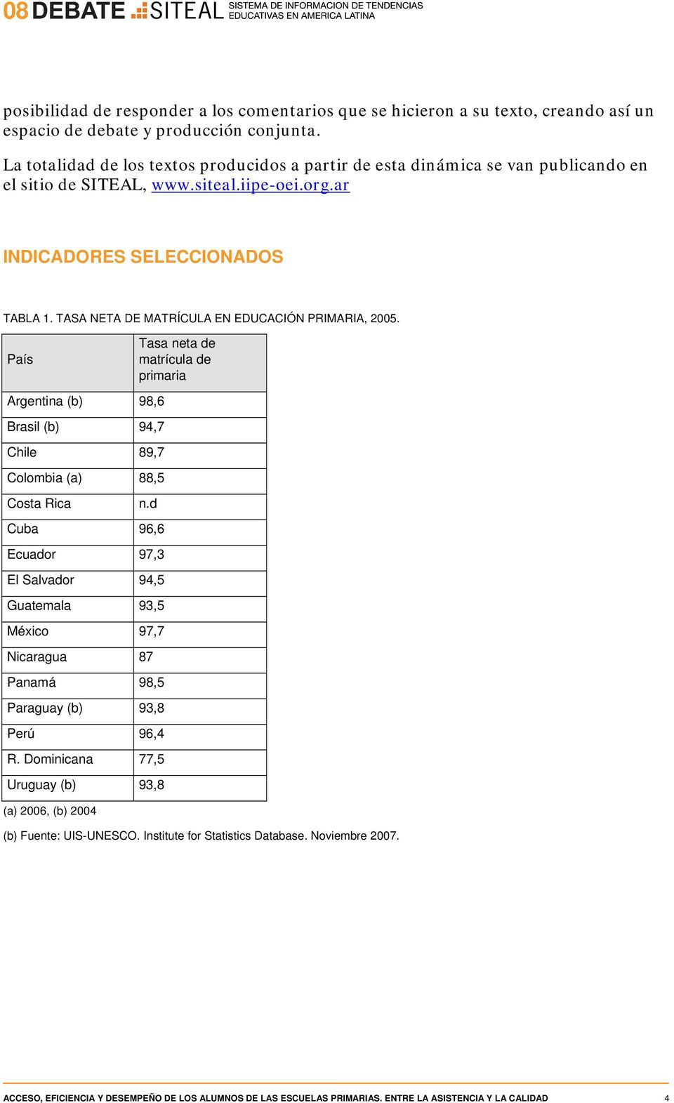 TASA NETA DE MATRÍCULA EN EDUCACIÓN PRIMARIA, 2005. País Tasa neta de matrícula de primaria Argentina (b) 98,6 Brasil (b) 94,7 Chile 89,7 Colombia (a) 88,5 Costa Rica n.