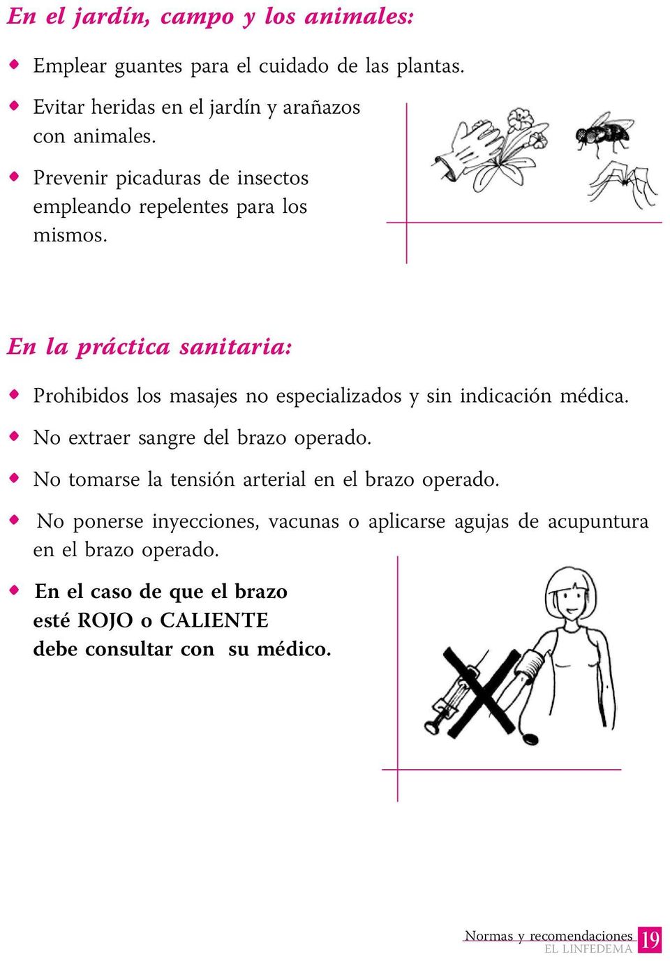 En la práctica sanitaria: Prohibidos los masajes no especializados y sin indicación médica. No extraer sangre del brazo operado.