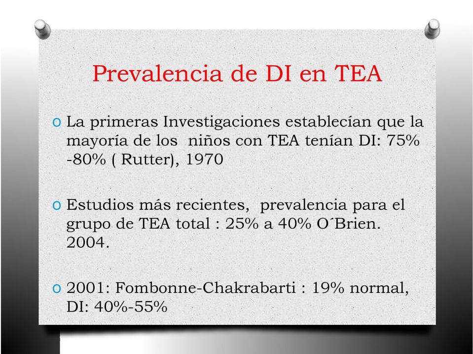 Estudios más recientes, prevalencia para el grupo de TEA total : 25% a