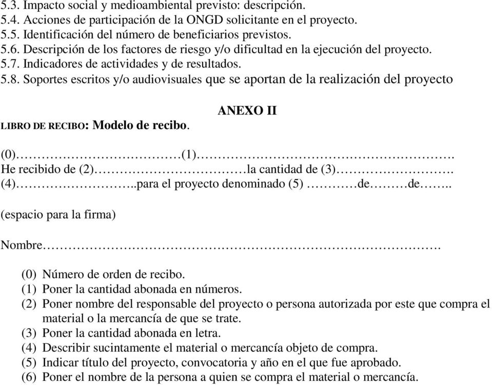 Soportes escritos y/o audiovisuales que se aportan de la realización del proyecto LIBRO DE RECIBO: Modelo de recibo. ANEXO II (0) (1). He recibido de (2) la cantidad de (3). (4).