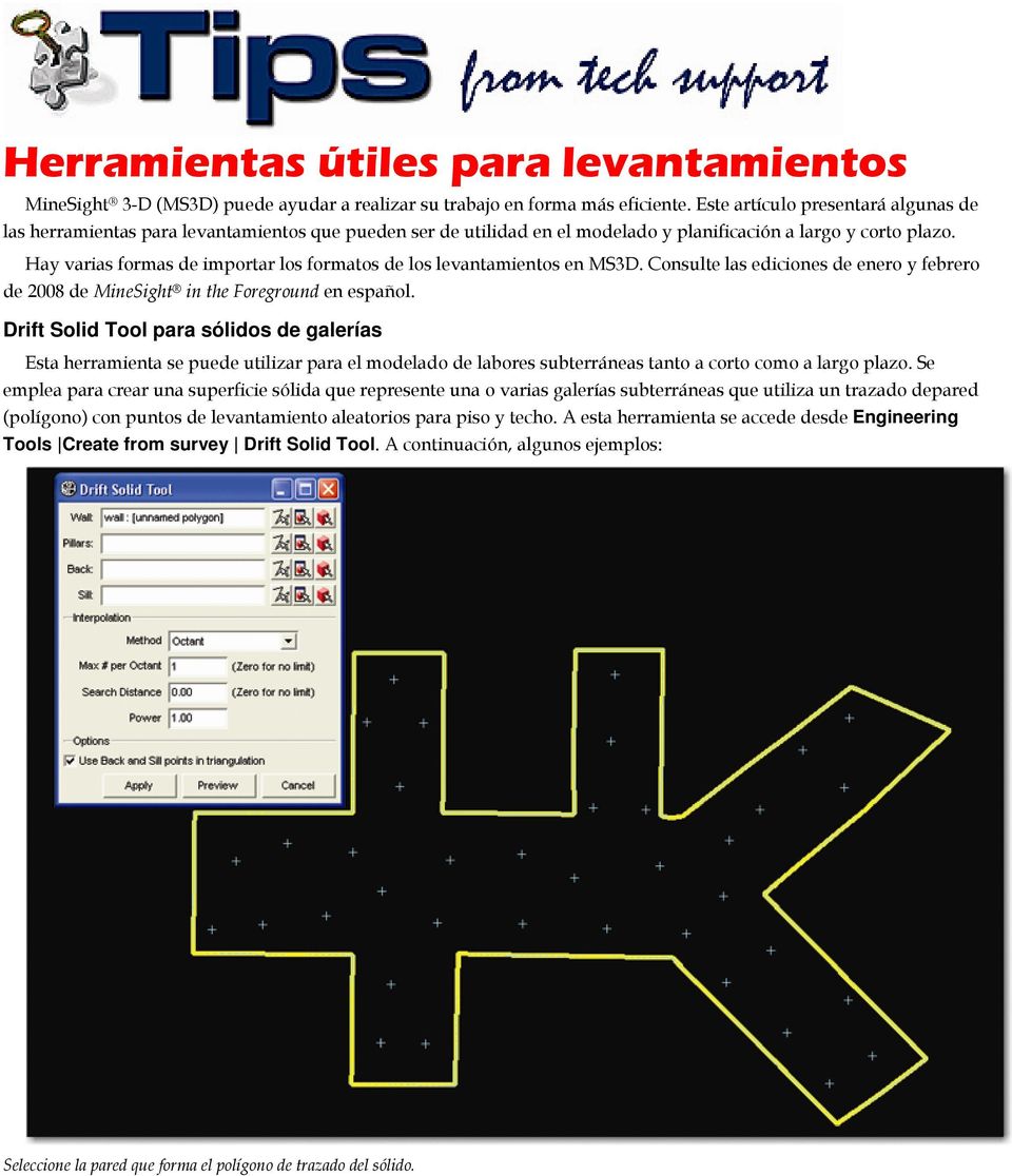 Hay varias formas de importar los formatos de los levantamientos en MS3D. Consulte las ediciones de enero y febrero de 2008 de MineSight in the Foreground en español.