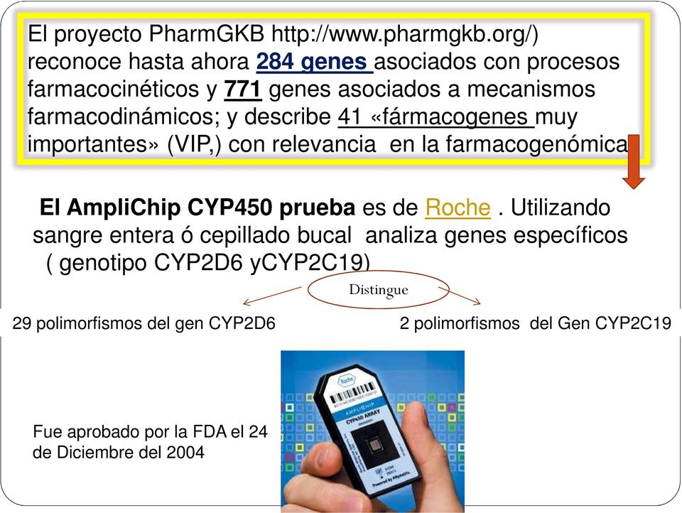y describe 41 «fármacogenes muy importantes» (VIP,) con relevancia en la farmacogenómica El AmpliChip CYP450 prueba es de Roche.