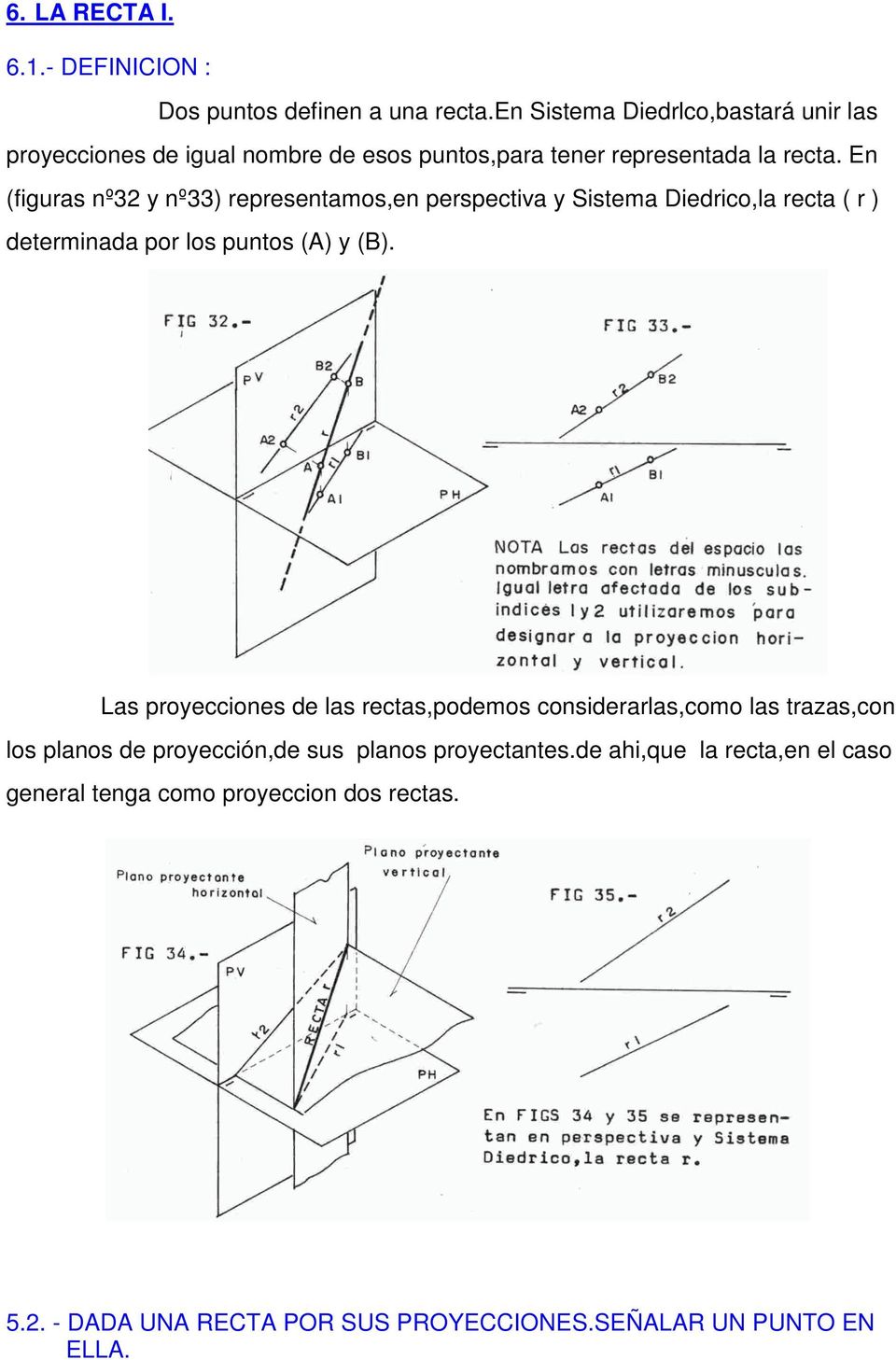 En (figuras nº32 y nº33) representamos,en perspectiva y Sistema Diedrico,la recta ( r ) determinada por los puntos (A) y (B).