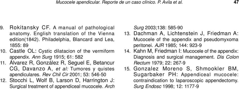 Álvarez R, González R, Seguel E, Betancur CG, Davanzo A, et al: Tumores y quistes apendiculares. Rev Chil Cir 2001; 53: 546-50 12.