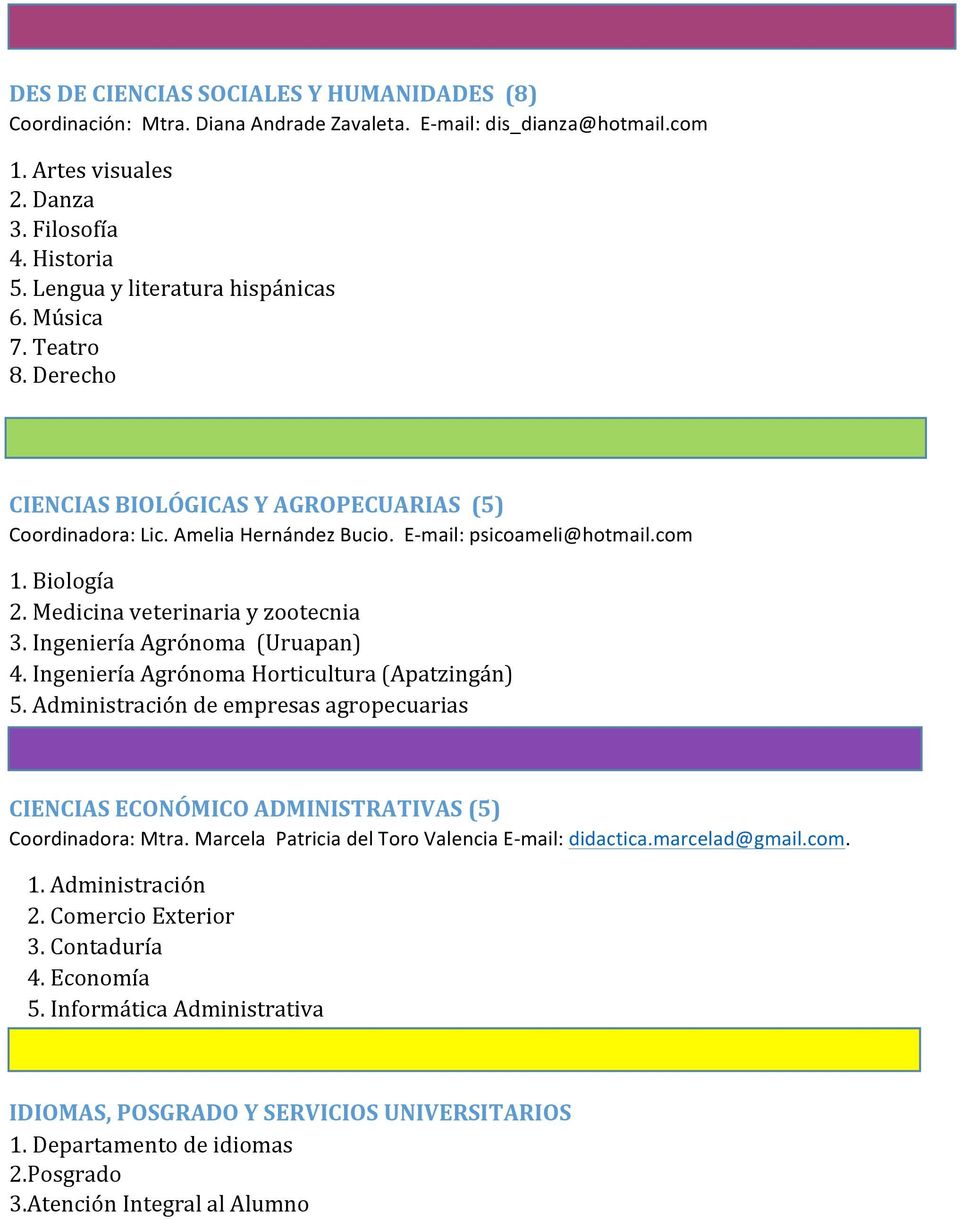 Medicina veterinaria y zootecnia 3. Ingeniería Agrónoma (Uruapan) 4. Ingeniería Agrónoma Horticultura (Apatzingán) 5.