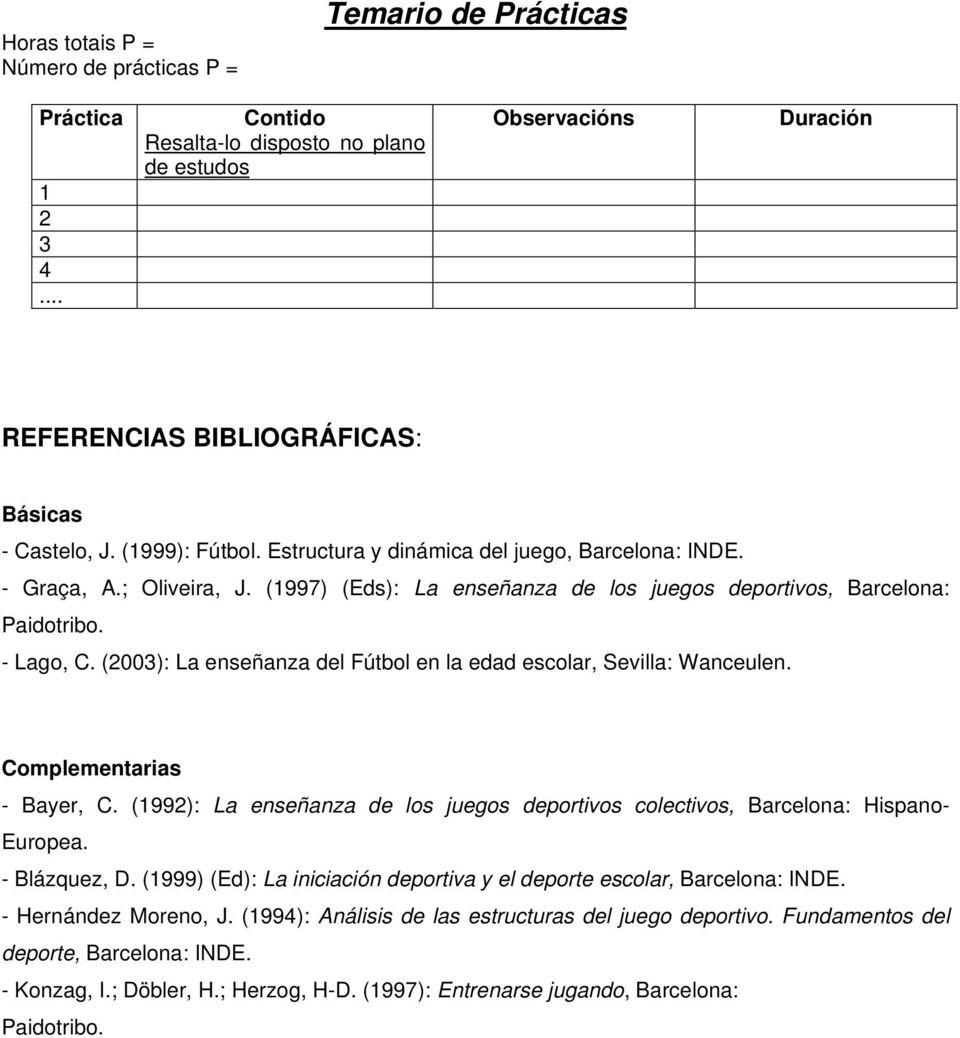 (997) (Eds): La enseanza de los juegos deportivos, Barcelona: Paidotribo. - Lago, C. (2003): La enseanza del F $)A (2 tbol en la edad escolar, Sevilla: Wanceulen. Complementarias - Bayer, C.