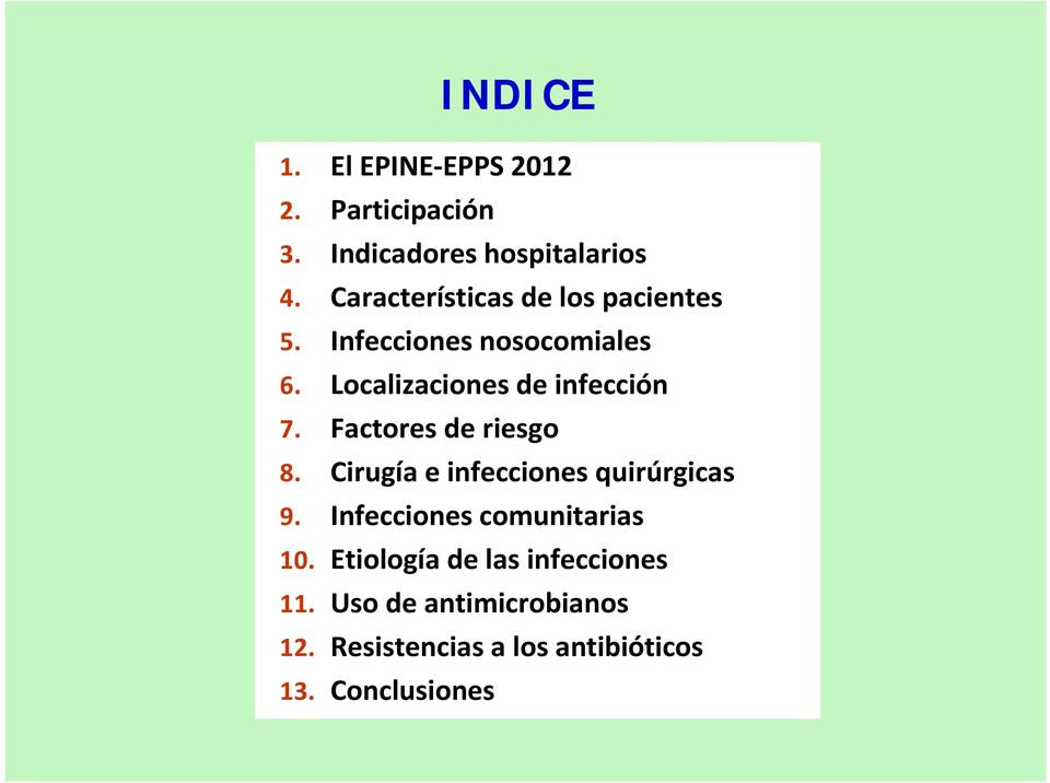 Localizaciones de infección 7. Factores de riesgo 8. Cirugía e infecciones quirúrgicas 9.