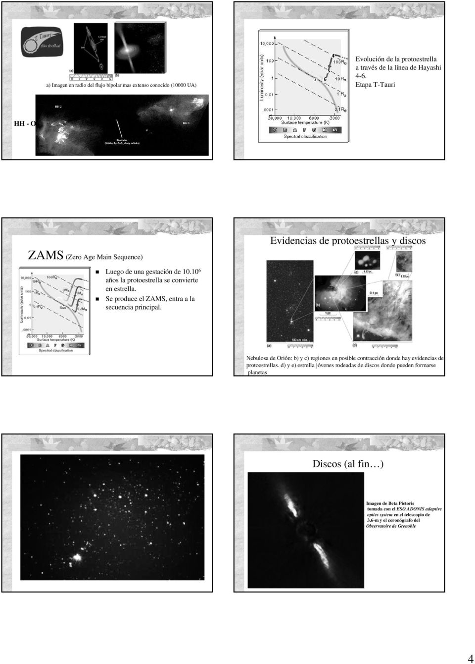 Se produce el ZAMS, entra a la secuencia principal. Nebulosa de Orión: b) y c) regiones en posible contracción donde hay evidencias de protoestrellas.