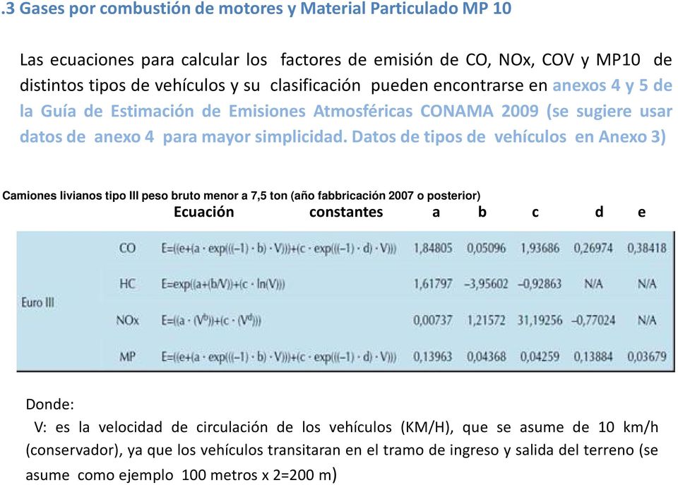 datosdetiposde vehículos enanexo3) Camiones livianos tipo III peso bruto menor a 7,5 ton (año fabbricación 2007 o posterior) Ecuación constantes a b c d e Donde: V: es la