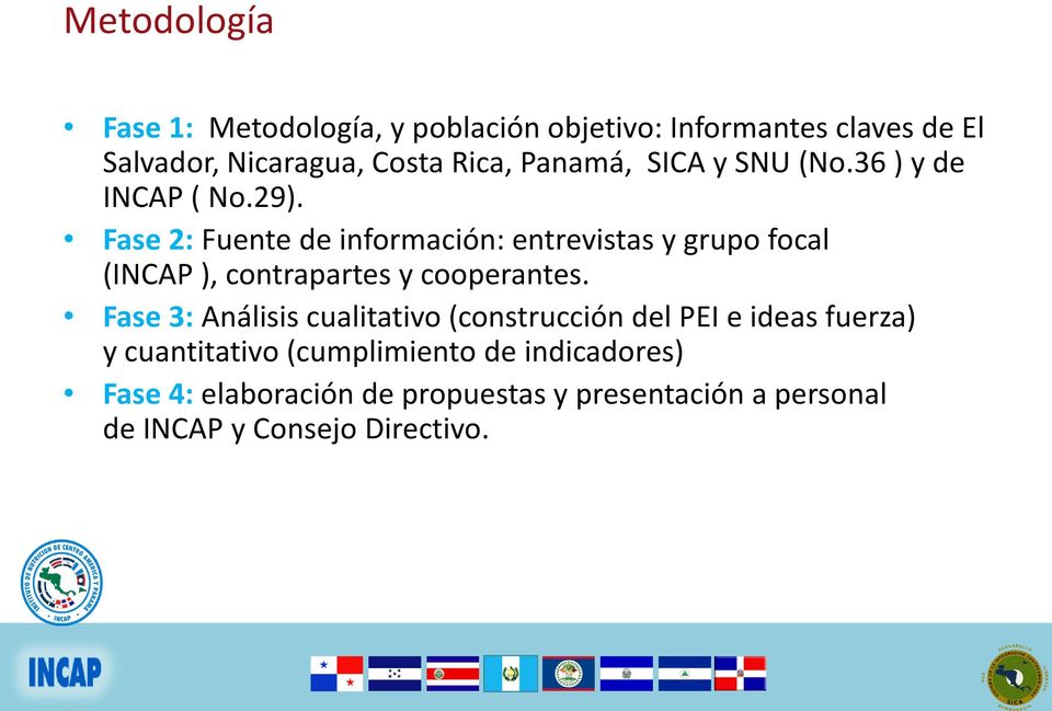 Fase 2: Fuente de información: entrevistas y grupo focal (INCAP ), contrapartes y cooperantes.