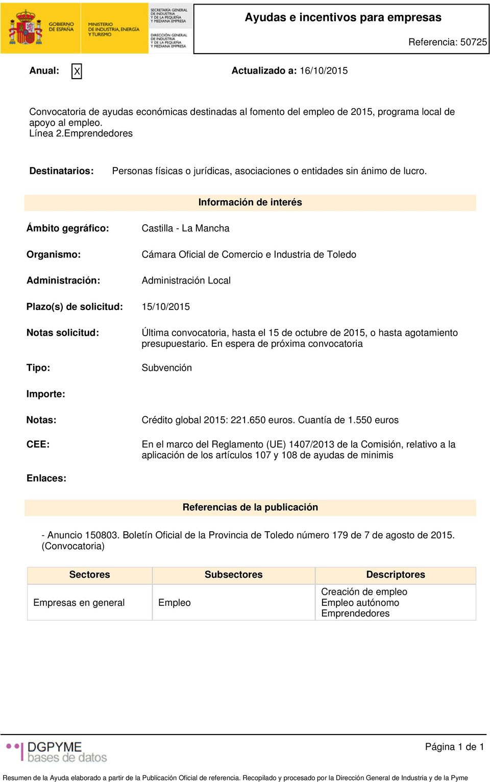 Información de interés Ámbito gegráfico: Organismo: Administración: Castilla - La Mancha Cámara Oficial de Comercio e Industria de Toledo Administración Local Plazo(s) de solicitud: 15/10/2015 Notas