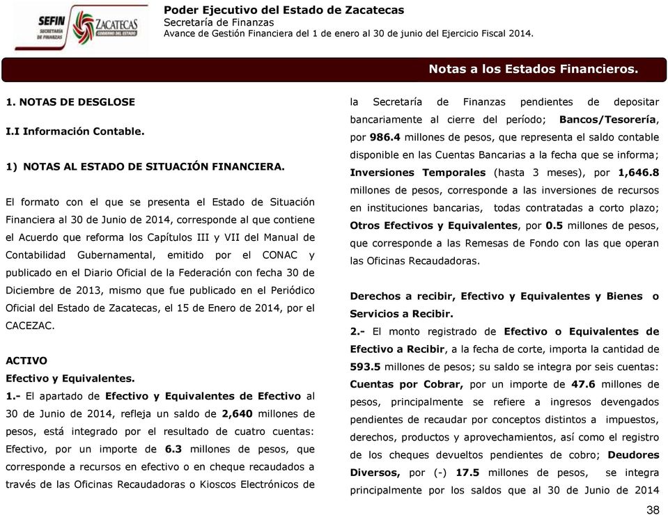 Gubernamental, emitido por el CONAC y publicado en el Diario Oficial de la Federación con fecha 30 de Diciembre de 2013, mismo que fue publicado en el Periódico Oficial del Estado de Zacatecas, el 15