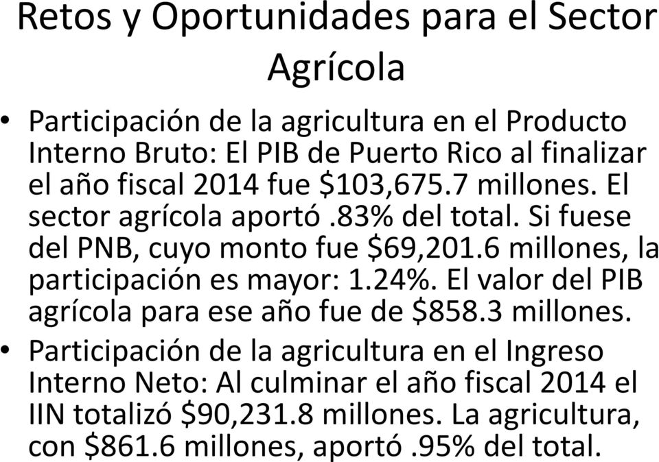 6 millones, la participación es mayor: 1.24%. El valor del PIB agrícola para ese año fue de $858.3 millones.