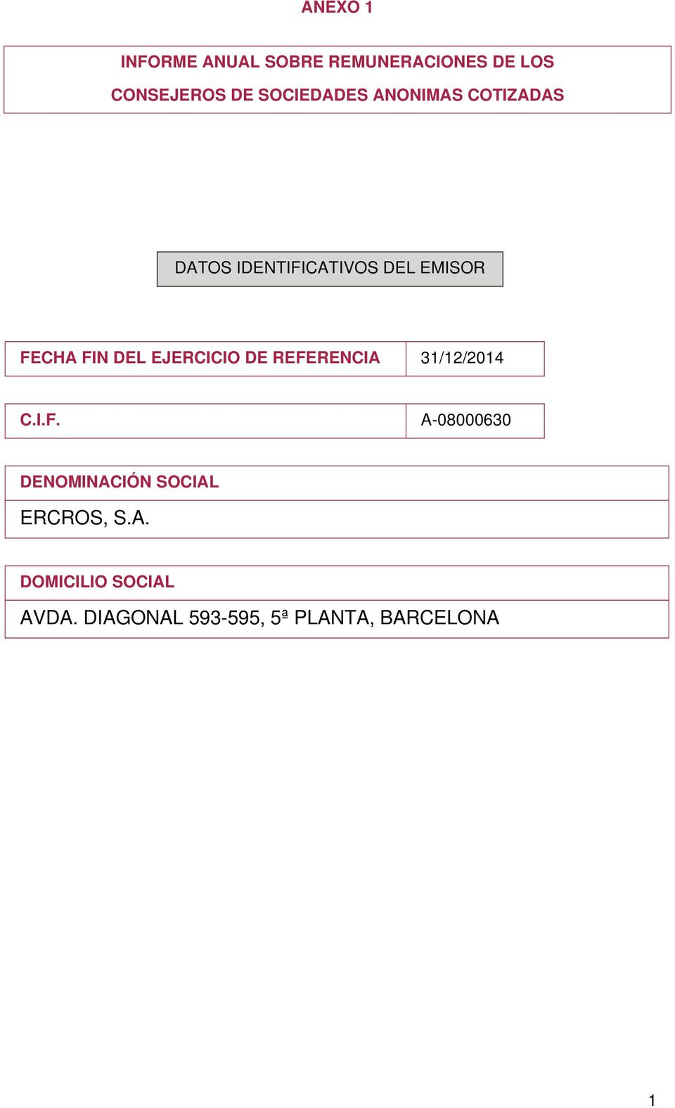 DEL EJERCICIO DE REFERENCIA 31/12/2014 C.I.F. A-08000630 DENOMINACIÓN SOCIAL ERCROS, S.