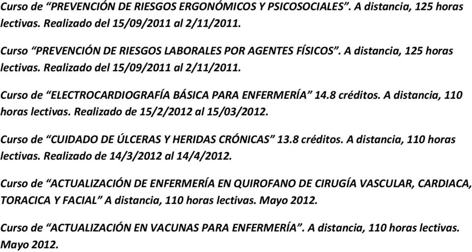 Realizado de 15/2/2012 al 15/03/2012. Curso de CUIDADO DE ÚLCERAS Y HERIDAS CRÓNICAS 13.8 créditos. A distancia, 110 horas lectivas. Realizado de 14/3/2012 al 14/4/2012.