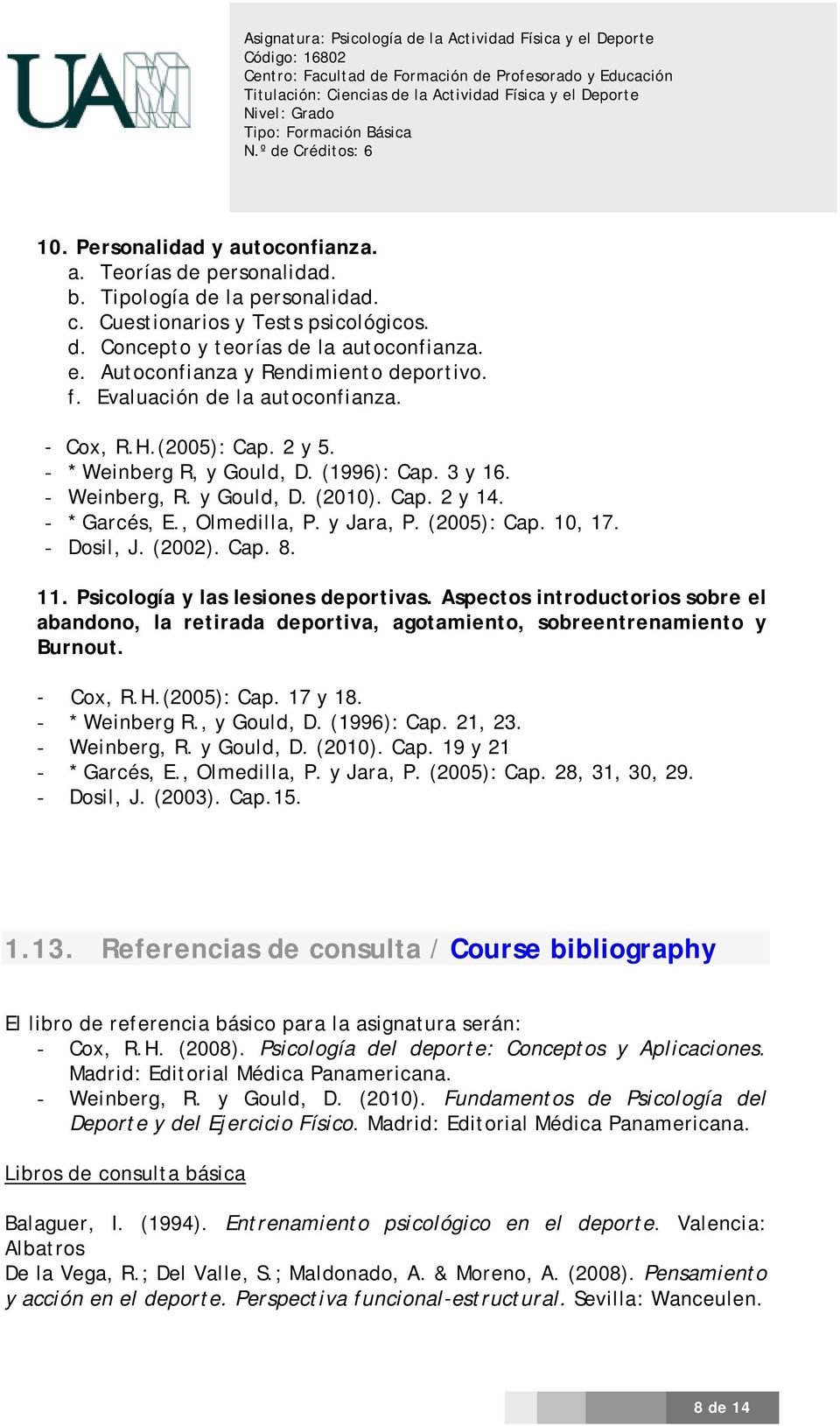 - * Garcés, E., Olmedilla, P. y Jara, P. (2005): Cap. 10, 17. - Dosil, J. (2002). Cap. 8. 11. Psicología y las lesiones deportivas.