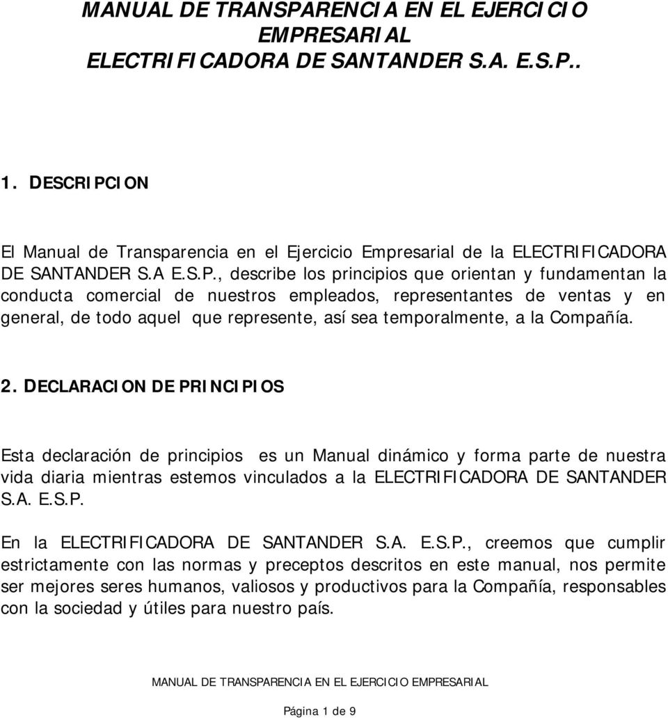ION El Manual de Transparencia en el Ejercicio Empresarial de la ELECTRIFICADORA DE SANTANDER S.A E.S.P.
