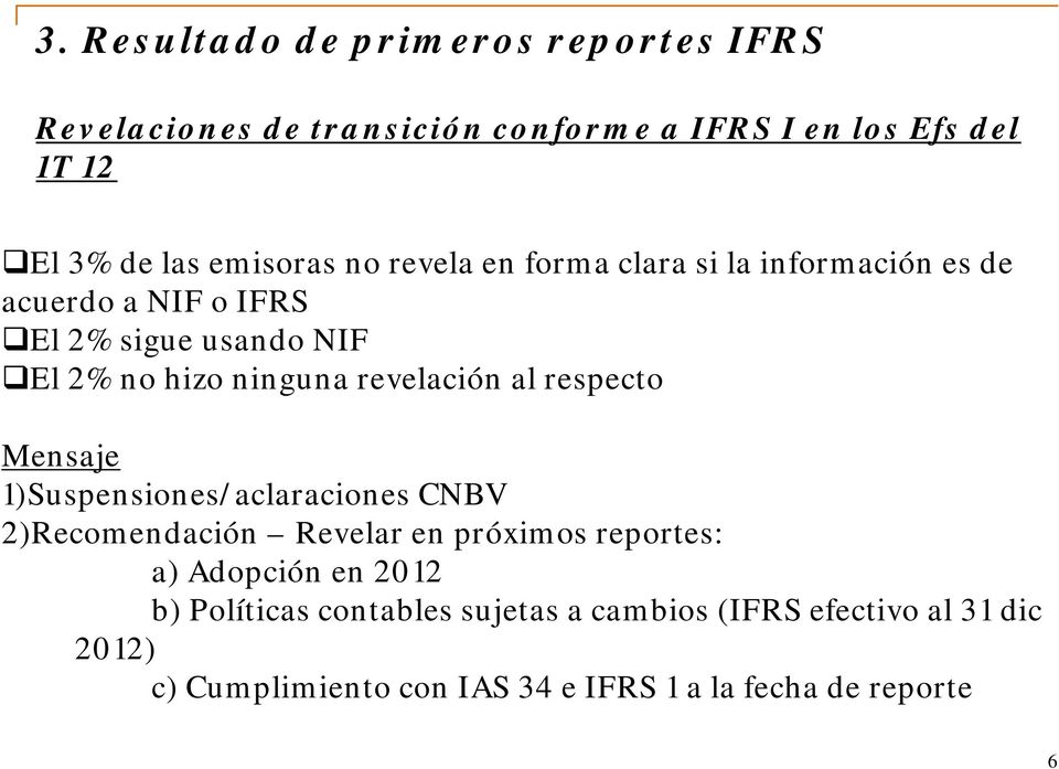 Mensaje 1)Suspensiones/aclaraciones CNBV 2)Recomendación Revelar en próximos reportes: a) Adopción en 2012 b)