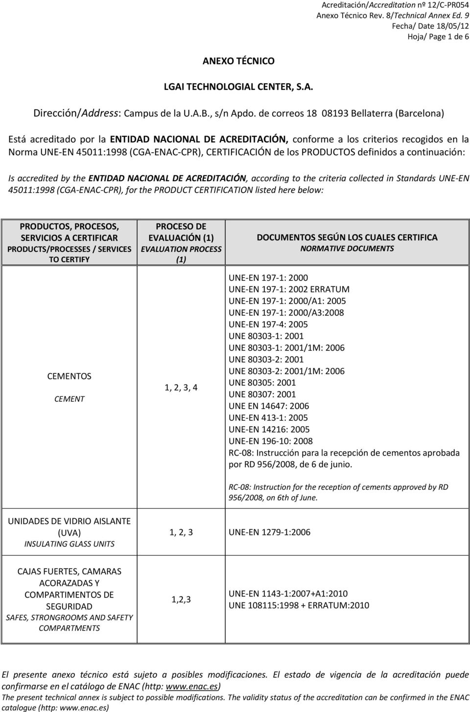 los PRODUCTOS definidos a continuación: Is accredited by the ENTIDAD NACIONAL DE ACREDITACIÓN, according to the criteria collected in Standards UNE EN 45011:1998 (CGA ENAC CPR), for the PRODUCT