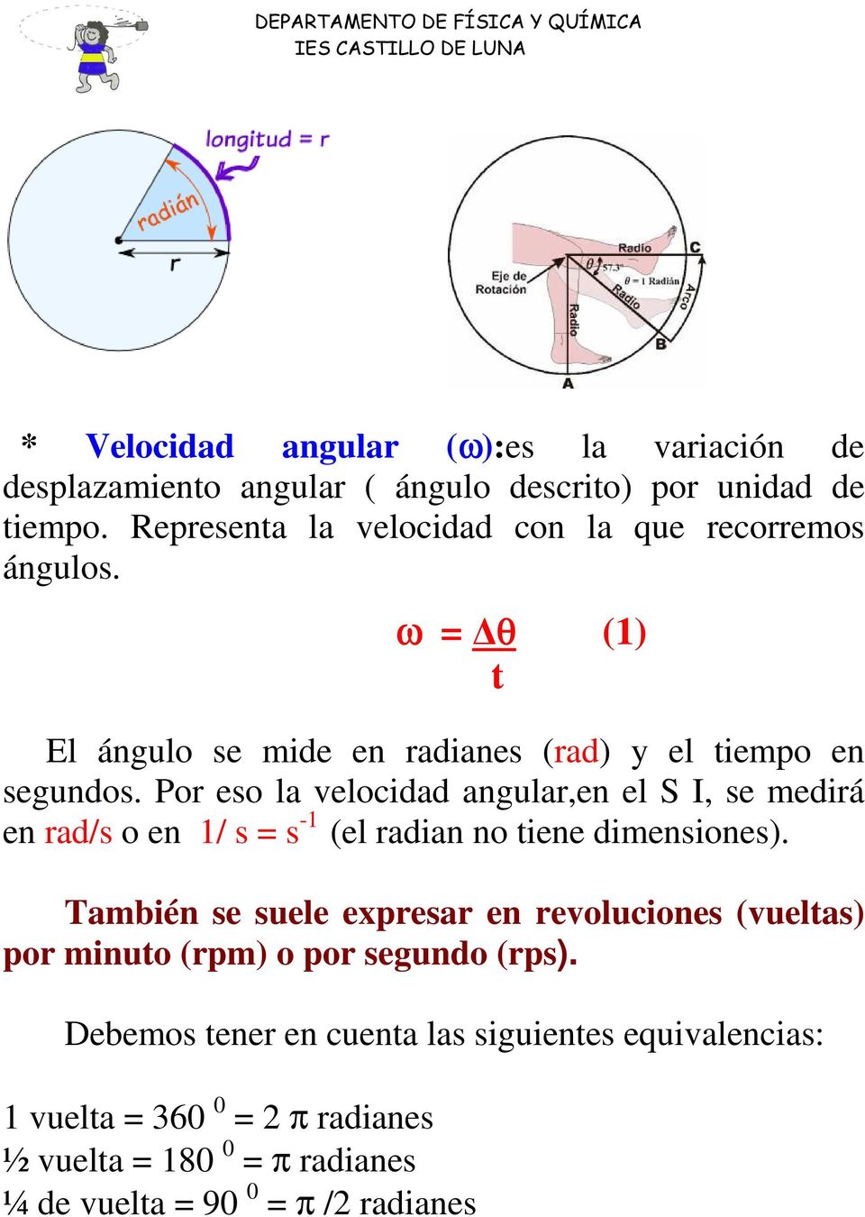 Por eso la velocidad angular,en el S I, se medirá en rad/s o en 1/ s = s -1 (el radian no tiene dimensiones).
