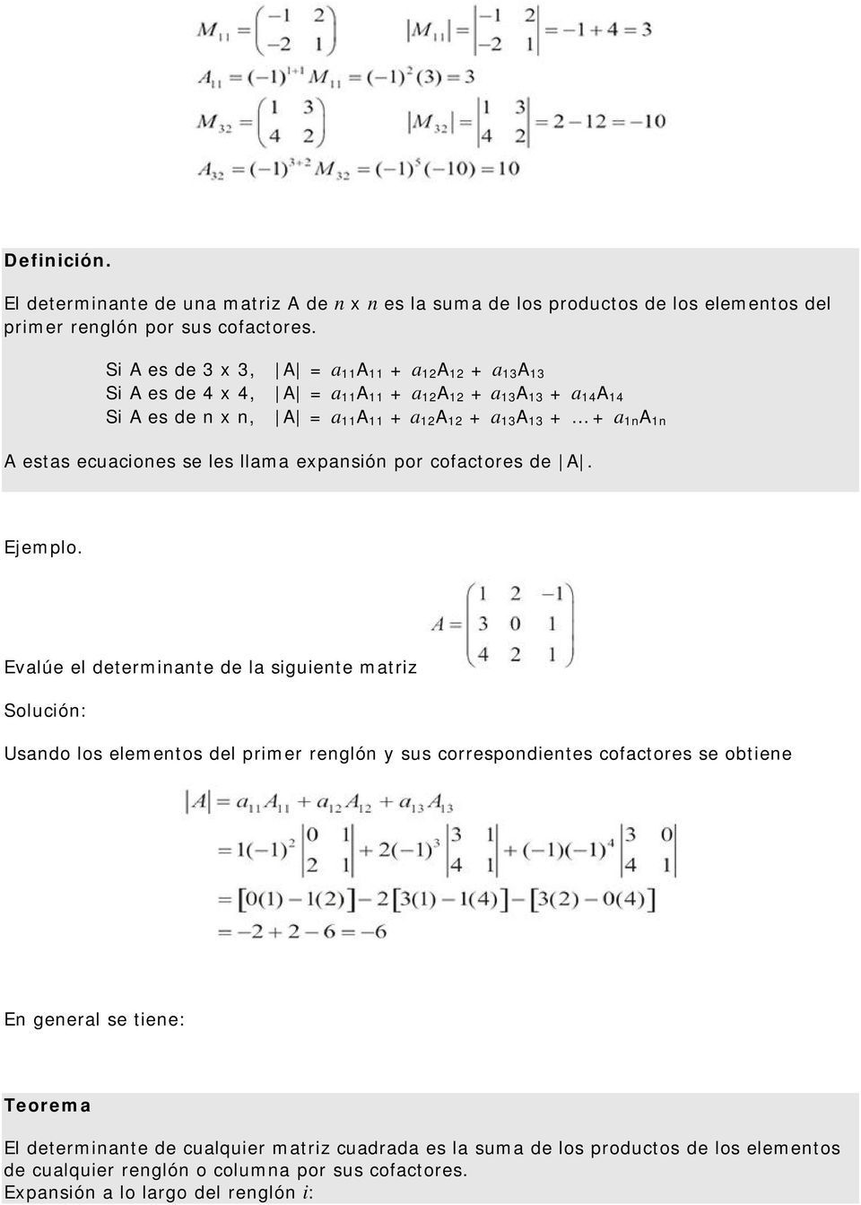 a 1n A 1n A estas ecuaciones se les llama expansión por cofactores de A.