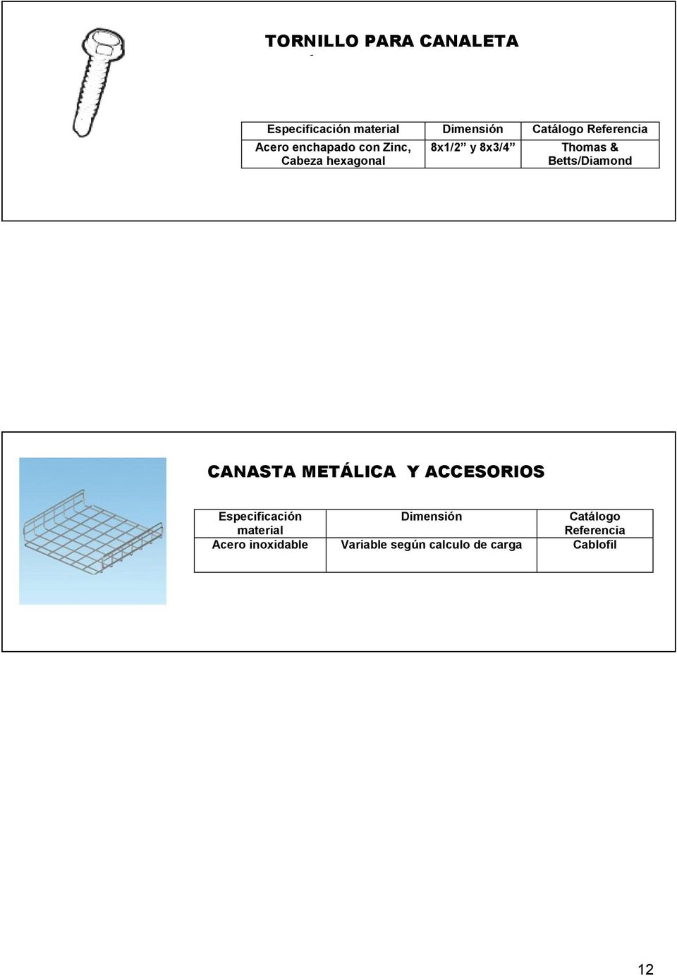 Betts/Diamond CANASTA METÁLICA Y ACCESORIOS Especificación Dimensión